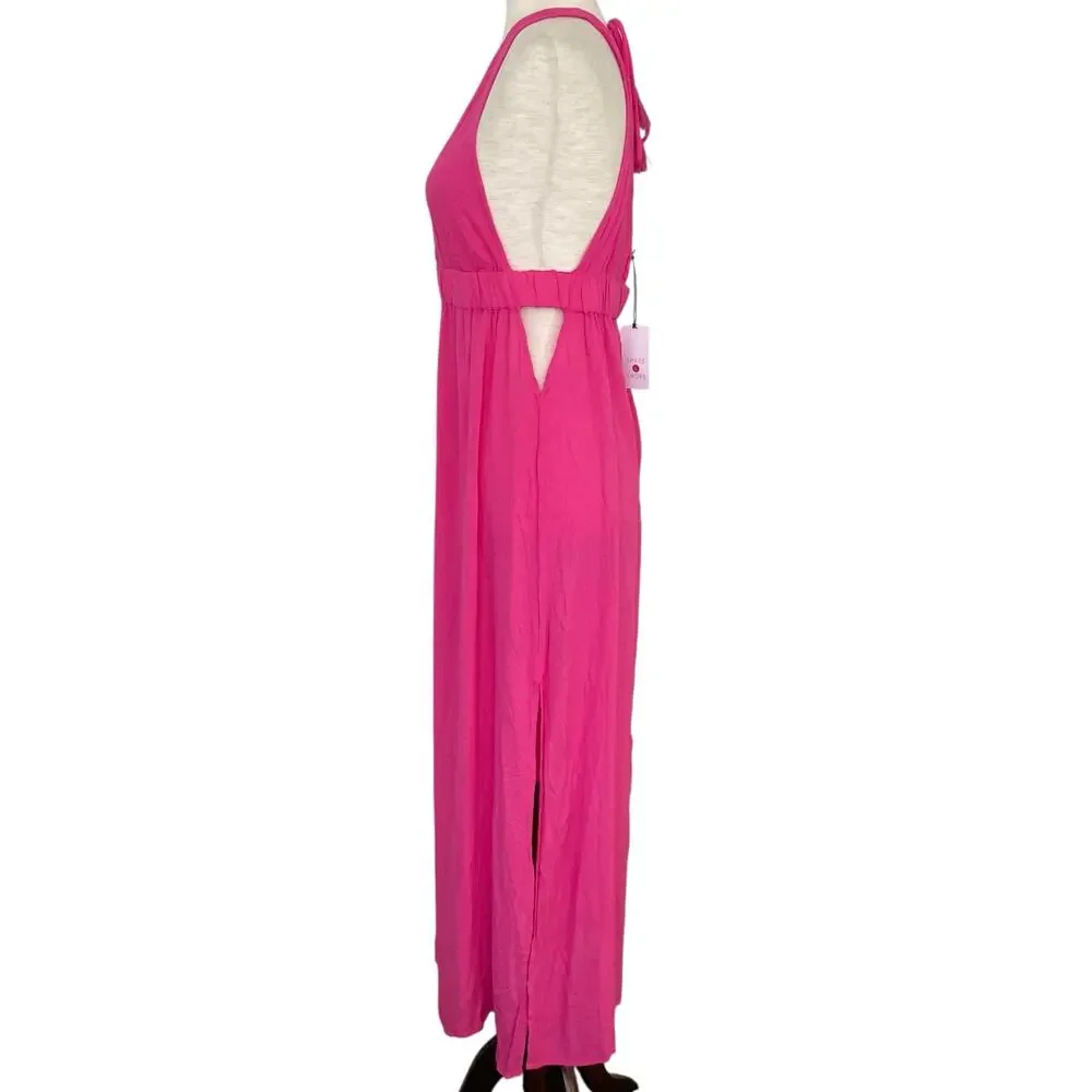 NEW SHADE & SHORE Pink Plunge Neck Swimsuit Cover Up Dress Double Slit Medium